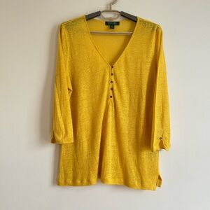 Lauren Ralph Lauren || 100 % Linen 3/4 sleeve henley top with button detail sz L